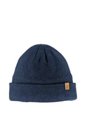 Marineblaue gestrickte Mütze mit Umschlag und kleinem braunem rechteckigem Logoschild an der Seite.