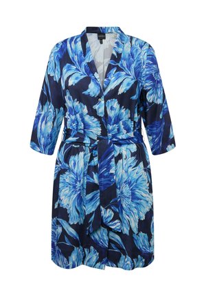 Blaues Blumen-Kimono mit navy Hintergrund, leichtem Stoff, langen Ärmeln,_bindegürtel und Knopfverschluss. Enthält große, auffällige Blumenmuster.