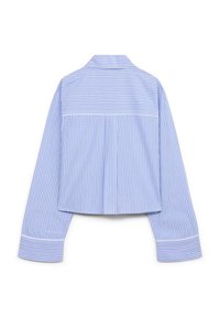 Camicia a righe blu e bianche con maniche lunghe, spalle scese, colletto e polsini larghi; tessuto morbido con una vestibilità rilassata.