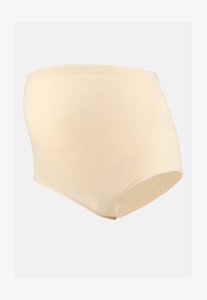 Beige high-waisted shaping briefs gemaakt van glad, rekbaar materiaal met een gestructureerd zijpaneel. Heeft een naadloos ontwerp voor comfort.
