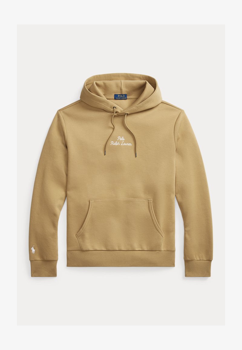 Beige hoodie tillverkad av en bomullsblandning, med en ficka fram, dragsko i huvan och en vit broderad logotyp på bröstet.