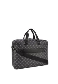 Black patterned bag with synthetic fabric, leather accents, dual handles, adjustable strap, zip closure, and front pocket detail.