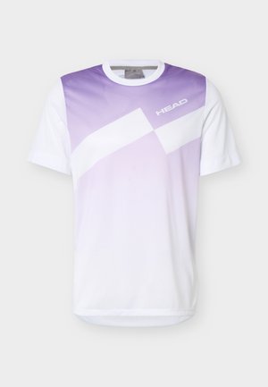 Bela in vijolična športna majica s kratkimi rokavi, geometrični vzorec in logotip "HEAD" na zgornjem delu prsnega koša.