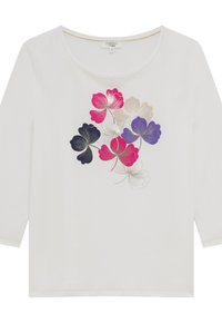 Witte lange mouwen top met een bloemenontwerp in roze, paars, blauw en zwart met een metallic accent. Zachte stof, ronde halslijn en een ontspannen pasvorm.