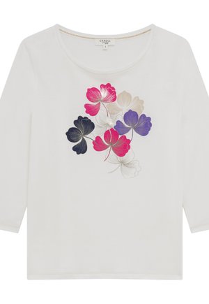 Maglietta bianca a maniche lunghe con un design floreale in rosa, viola, blu e nero con un accento metallico. Tessuto morbido, scollatura rotonda e vestibilità rilassata.