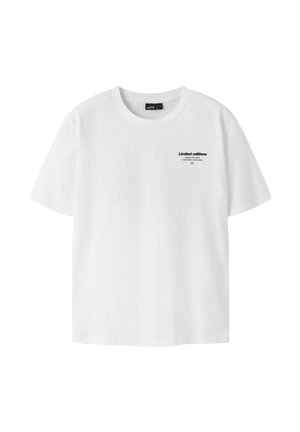 Weißes T-Shirt mit kurzen Ärmeln und Rundhalsausschnitt mit kleinem schwarzem Text "Limited editions" auf der oberen linken Brust.