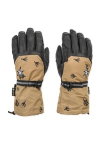 Une paire de gants Gore-Tex beige et noirs avec des sangles ajustables, des motifs d'oiseaux et d'étoiles noirs sur un tissu beige, et des doigts en cuir noir texturé.
