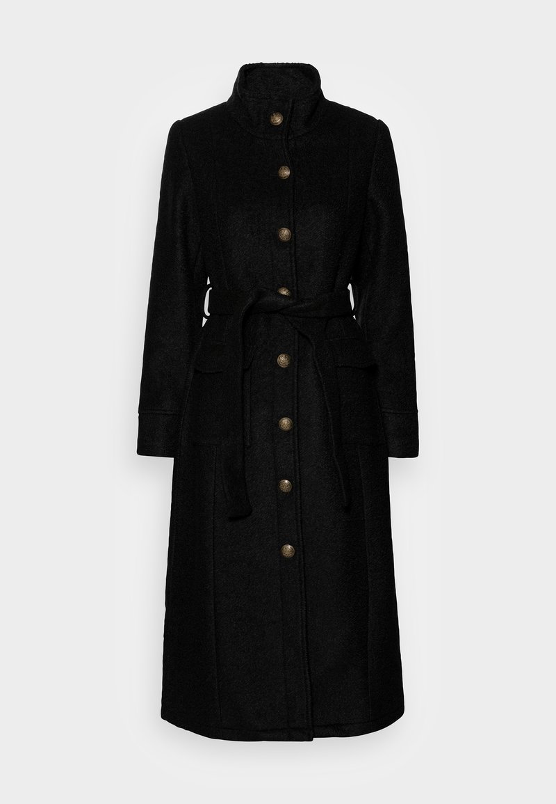 Black wool coat with a high collar, button closure, and a belted waist. Features two front pockets and a textured finish.