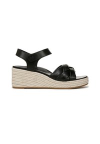 Zwarte leren wedge sandalen met gevlochten banden, met een natuurlijke geweven jute tussenzool en een rubberen buitenzool voor grip.