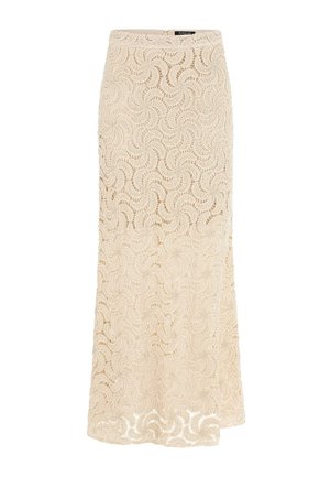 Langer beiger Spitzenrock mit wirbelndem Häkelmuster, geradem Schnitt und dezentem seitlichem Schlitz.