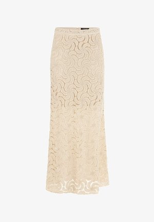 Langer beiger Spitzenrock mit wirbelndem Häkelmuster, geradem Schnitt und dezentem seitlichem Schlitz.