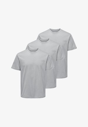 Three gray t-shirts are displayed. Each features short sleeves, a crew neckline, and a plain texture without patterns or accents.