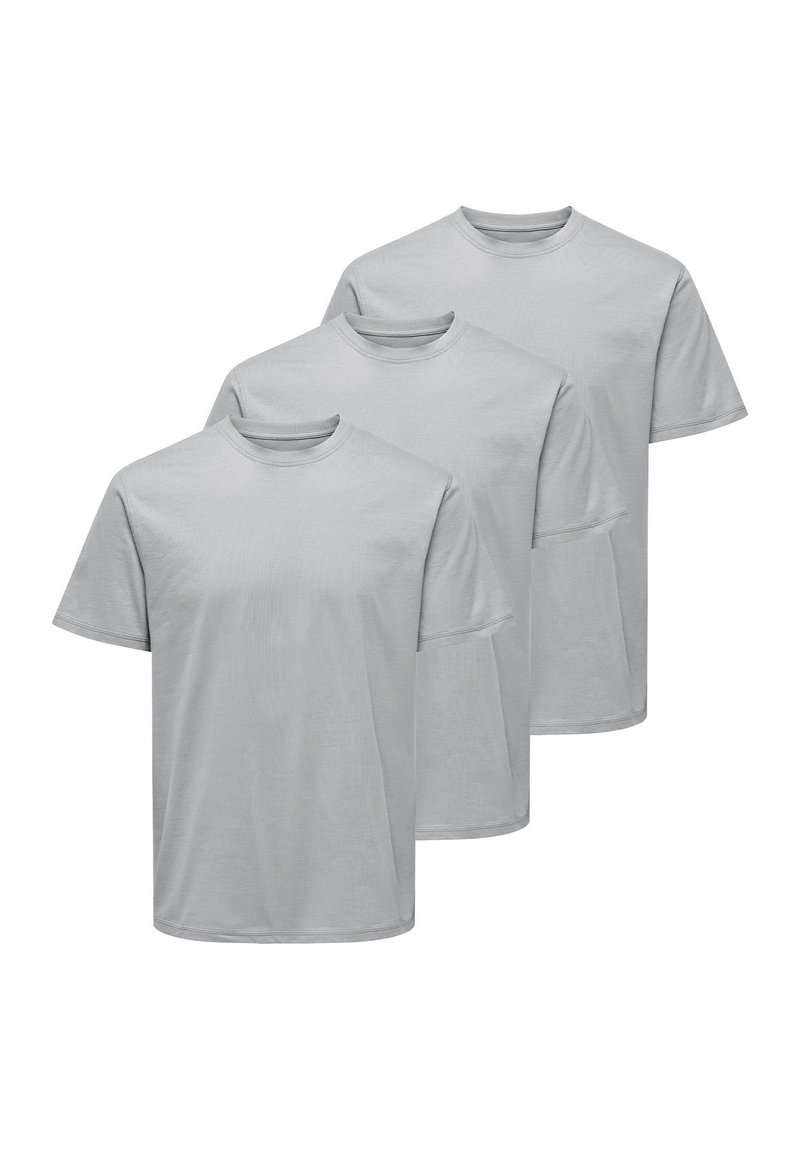 Three gray t-shirts are displayed. Each features short sleeves, a crew neckline, and a plain texture without patterns or accents.