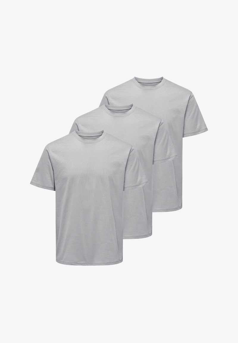 Three gray t-shirts are displayed. Each features short sleeves, a crew neckline, and a plain texture without patterns or accents.