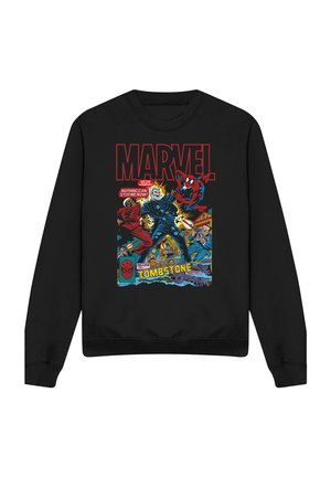 Black sweatshirt with colorful Marvel comic artwork showing Spider-Man fighting Tombstone, including text "Nothing can stop me now!" and "Welcome to Tombstone."