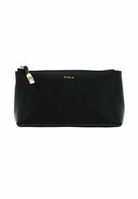Pochette en cuir noir avec une finition texturée, détail logo doré et fermeture éclair avec tirette en métal. Forme rectangulaire compacte.
