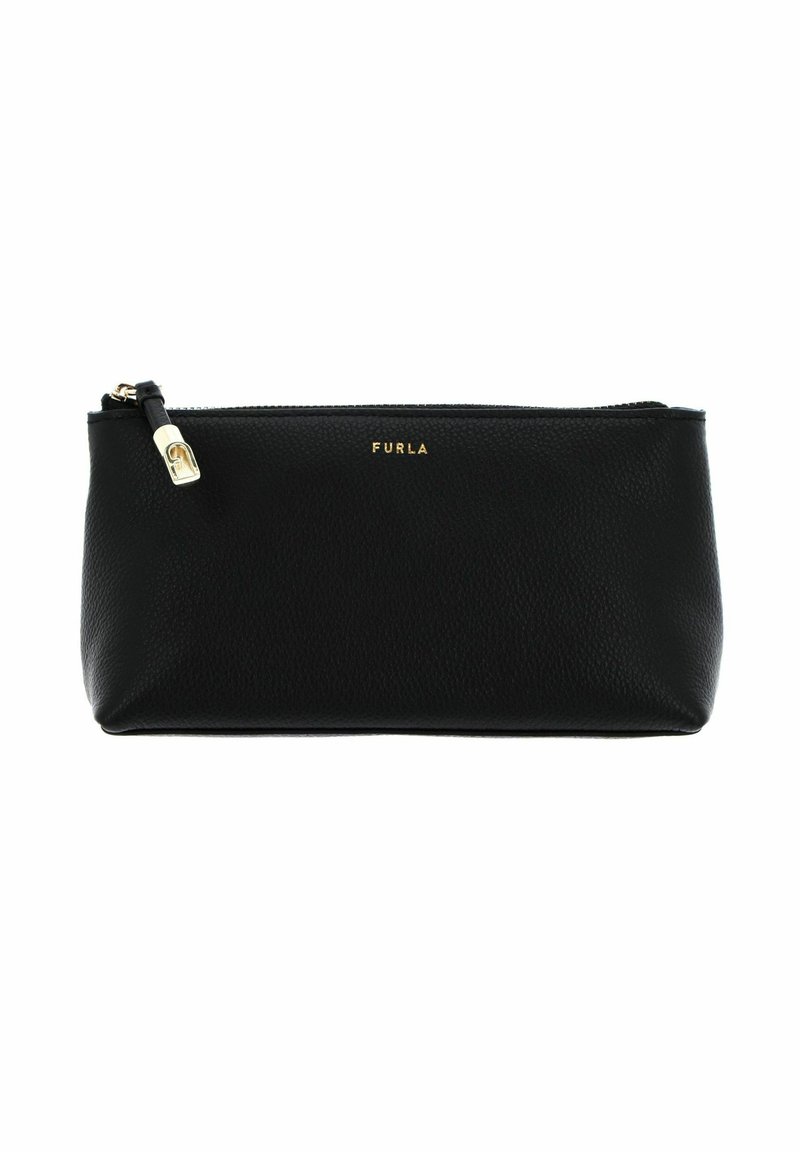 Pochette en cuir noir avec une finition texturée, détail logo doré et fermeture éclair avec tirette en métal. Forme rectangulaire compacte.