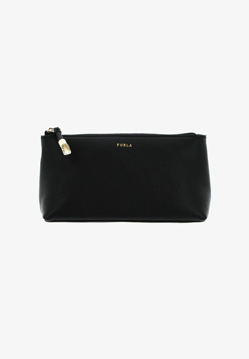 Pochette en cuir noir avec une finition texturée, détail logo doré et fermeture éclair avec tirette en métal. Forme rectangulaire compacte.
