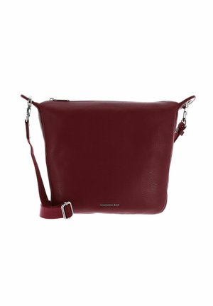 Sac bandoulière rectangulaire en cuir bordeaux avec une sangle ajustable, quincaillerie en acier inoxydable et logo de marque discret au centre avant.