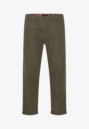 Pantaloni in cotone verde oliva con taglio dritto, dotati di chiusura con bottone, vita con cordoncino e orli arrotolati. Tessuto testurizzato con una leggera lucentezza.