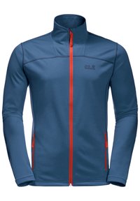 Modrá syntetická bunda s vysokým límcem a plným zipem. Obsahuje červené akcenty na zipu a bočních kapsách. Hladký povrch.
