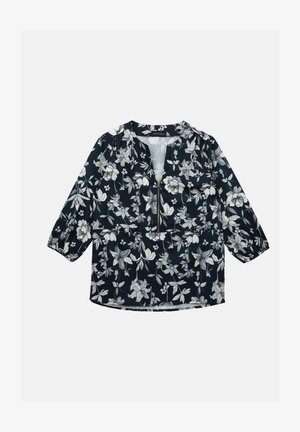 Blusa navy con motivo floreale bianco. Presenta una mezza zip frontale e maniche 3/4 con dettagli arricciati per un fit rilassato.