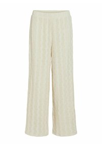 Pantalones anchos de color crema con un patrón de olas texturizado, cinturilla elástica y una tela suave y ligera. Adecuados para uso casual.