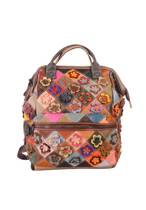 Multicolored patchwork leather backpack adorned with stitched flower appliqués, featuring top handles, front zipper pocket, and shoulder straps.