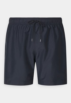 Marine zwemshorts gemaakt van lichtgewicht materiaal, met een elastische tailleband en trekkoord, en een gladde, matte textuur.