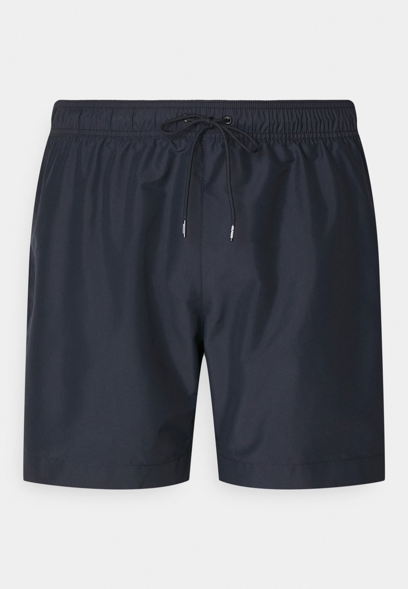 Shorts de bain navy en matériau léger, dotés d'une ceinture élastique avec cordon de serrage et d'une texture lisse et mate.