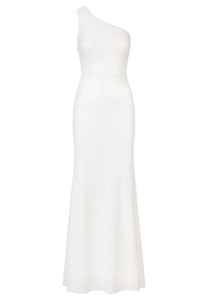 Ein einseitig geschnittenes weißes Kleid mit einem taillierten Oberteil und einem weit auslaufenden Rock, hergestellt aus einem schimmernden, strukturierten Stoff. Bodenlängendes Design.