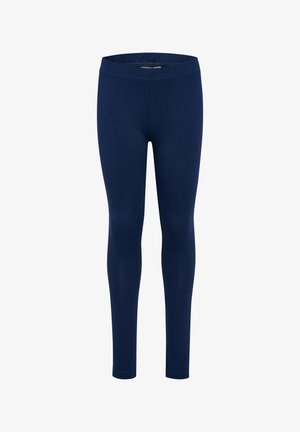 Marineblaue Leggings aus dehnbarem Stoff, mit einem schmal zulaufenden Design und einem elastischen Bund für Komfort und Bewegungsfreiheit.