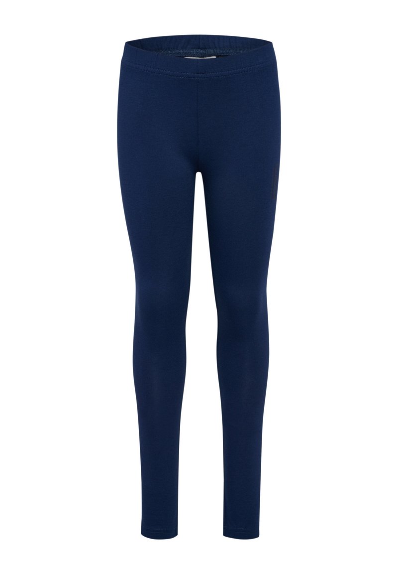 Mörkblå leggings i elastiskt tyg, med en smalnande design och elastisk midja för komfort och rörelsefrihet.