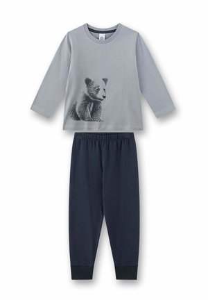 Maglia grigia a maniche lunghe con illustrazione di un orsetto abbinata a pantaloni blu scuro con vita elastica, progettata come un completo pigiama per bambini.