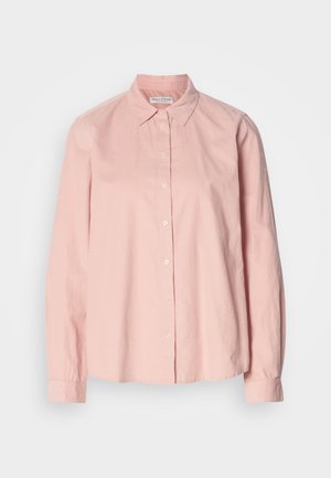 Light pink long-sleeve shirt made of cotton with a button-down collar, full front button closure, and a relaxed fit. Smooth texture.