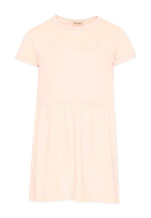 Vestito rosa chiaro a maniche corte con vita arricciata e sottile logo ricamato "Trussardi" sul petto.