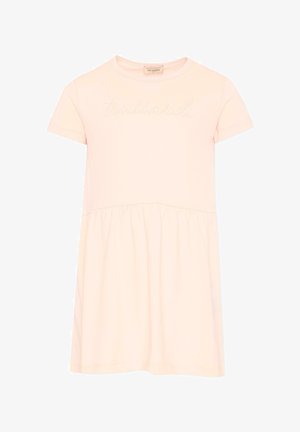 Lichtroze jurk met korte mouwen, geplooide taille en subtiel geborduurd "Trussardi"-logo op de borst.