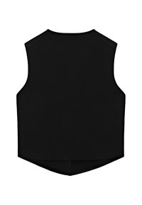 Schwarzes ärmelloses Oberteil mit hohem Kragen, flachen Nähten und abgerundetem Saum. Hergestellt aus einem glatten, elastischen Stoff. Minimalistisches Design.