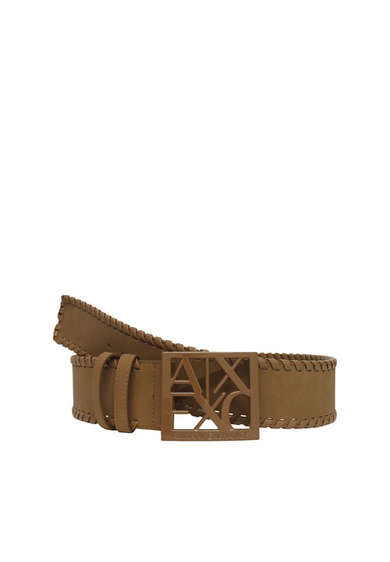 Cintura in pelle tan con bordo intrecciato, dotata di una fibbia con logo geometrico in colore abbinato e finitura liscia.