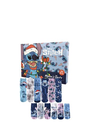 Set di calze da donna Disney Stitch in colori assortiti. Presenta motivi e grafiche di Stitch. Viene fornito in una festa, illustrata scatola regalo.