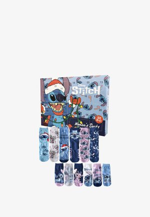Set di calze da donna Disney Stitch in colori assortiti. Presenta motivi e grafiche di Stitch. Viene fornito in una festa, illustrata scatola regalo.