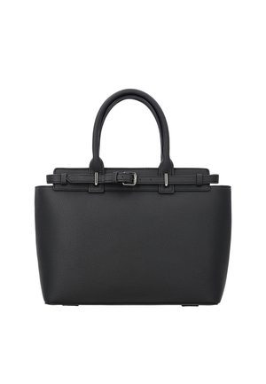 Fekete bőr kézitáska két fogóval, csattal díszített pánttal a tetején és strukturált téglalap alakú formával.