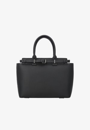 Musta nahkainen käsilaukku, jossa kaksi kahvaa, solkivöiden yksityiskohta yläosassa ja jäsennelty suorakulmainen muoto.