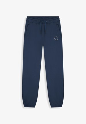 Marineblauwe joggerbroek met elastische tailleband en boorden, vooraan een trekkoord, twee zijzakken en een klein cirkelvormig logo op de linker bovenbeen.