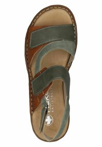 Brown and green leather sandal with three straps and a cushioned footbed. Features stitching details and a logo on the insole.