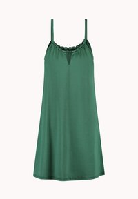 Abito verde senza maniche, realizzato in tessuto liscio, presenta un collo arricciato e un'apertura a chiave. Silhouette A-line semplice e fluida.
