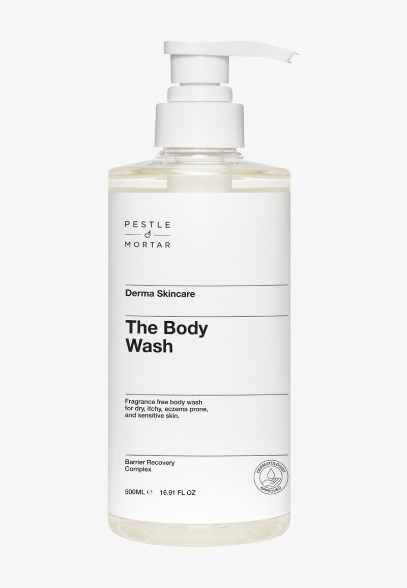 Klare Pumpflasche mit der Aufschrift "The Body Wash" von Pestle & Mortar, ohne Duftstoffe, für trockene, juckende, zu Ekzemen neigende und empfindliche Haut, 500 ml.