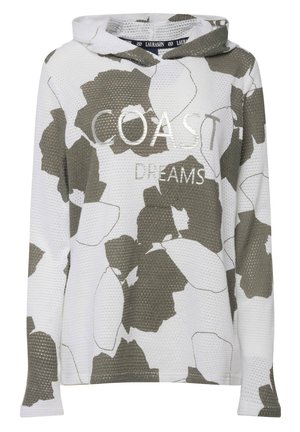Felpa con cappuccio bianca decorata con un pattern floreale astratto verde. Presenta un tessuto testurizzato e una scritta grafica frontale con la dicitura "COAST DREAMS."
