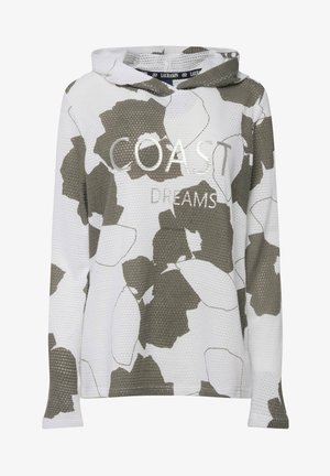 Sudadera con capucha en blanco con un patrón floral abstracto en verde. Presenta una tela texturizada y un texto gráfico en la parte delantera que dice "COAST DREAMS."
