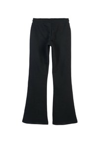 Czarne spodnie w kształcie dzwonów, wykonane z miękkiego materiału z elastycznym paskiem w talii. Projekt charakteryzuje się gładką strukturą i klasycznym krojem.